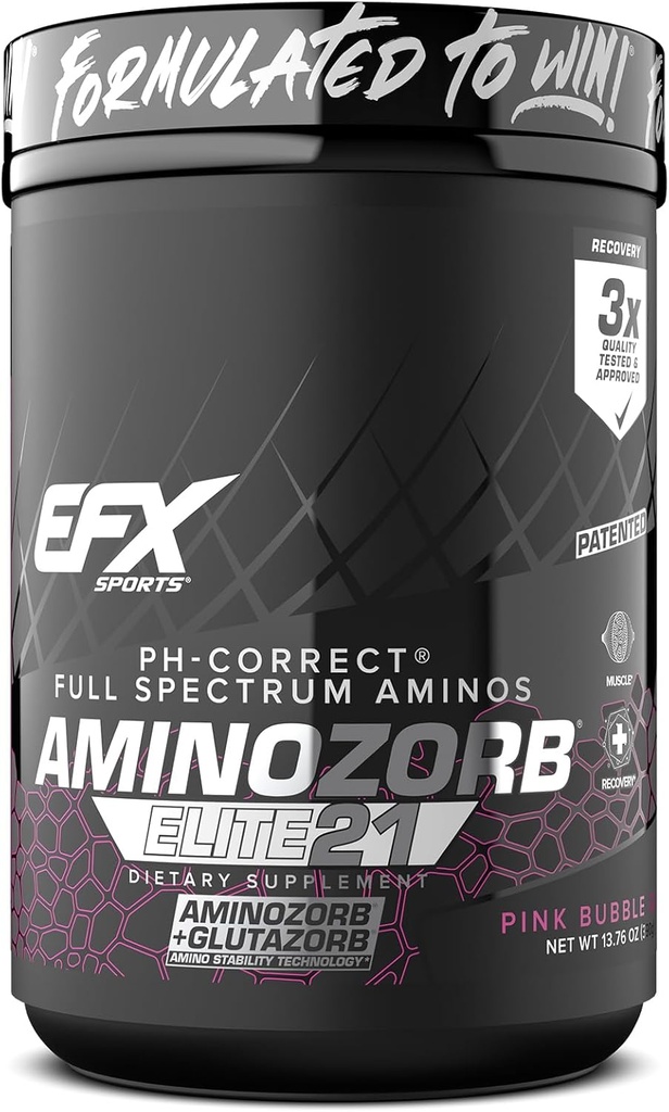 EFX Sports Aminozorb Elite 21 , PH-Correct, Full Spectrum Aminos + Glutamine , Aminos essentiels et non essentiels , Zéro sucres 30 portions (Pink Bubblegum)