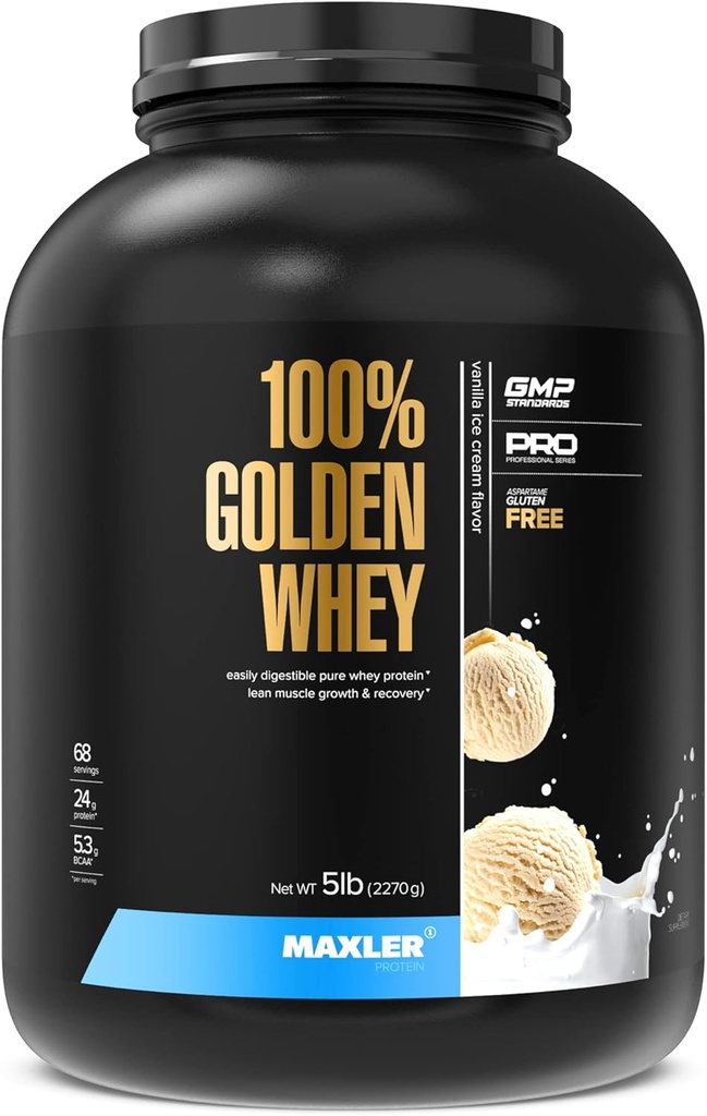 Maxler 100% Golden Whey Protein - 24g de protéines par portion - Premium Whey Protein Poudre pour pré-entraînement - Fast Absorbing Whey Concentrate, Isolate & Hydrolysate Blend - Vanilla Ice Cream 5 lb