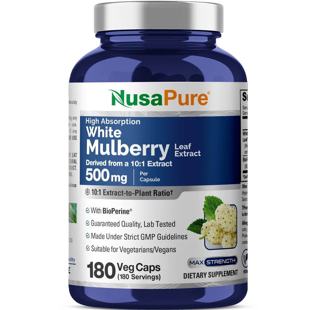 Extrait de feuille de mûrier blanc NusaPure 10:1 Extrait, 500 mg équivalent à 5000mg 180 gélules (Vegan, Biopérine non OGM)