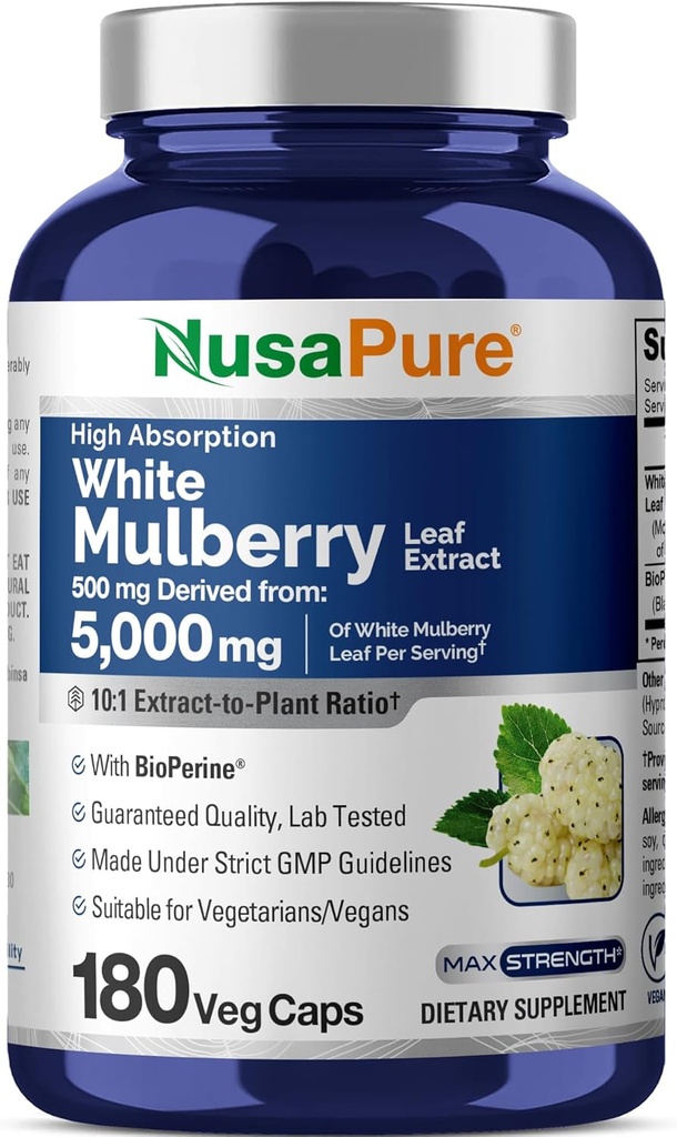 NusaPure White Mulberry Leaf Extract 10:1 Extract, 500 mg Equivalent to 5000mg 180 Veg Caps (Vegan, Non GMO Bioperine)