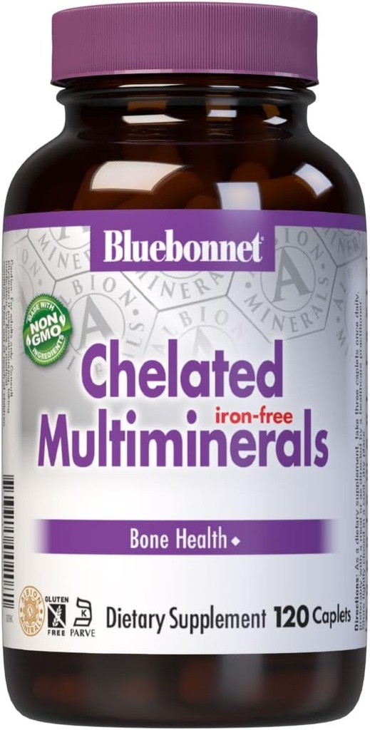 Bluebonnet Nutrition Multiminéraux chélatés de haute puissance (sans fer), minéraux chélatés d'Albion, sans soja, sans gluten, non-OGM, certifié Kosher, sans laiterie, 120 capsules, 40 portions
