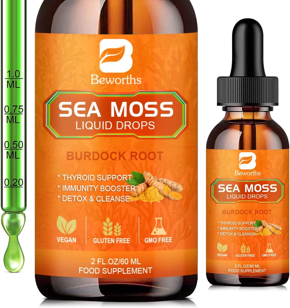 Drops liquides de la mousse de mer - Gel brut de la mousse de mer d'Irlande biologique avec racine de dard, tumeric, spiruline, supplément de gel de mousse d'algue pour Gut Health & Antioxydant Supports - 2 Fl Oz