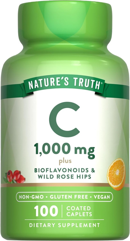Nature's Truth Vitamin C Bioflavonoids & Rose HIPS | 1000mg | 100 Caplets | Vegan, Non-GMO and Gluten Free Supplement