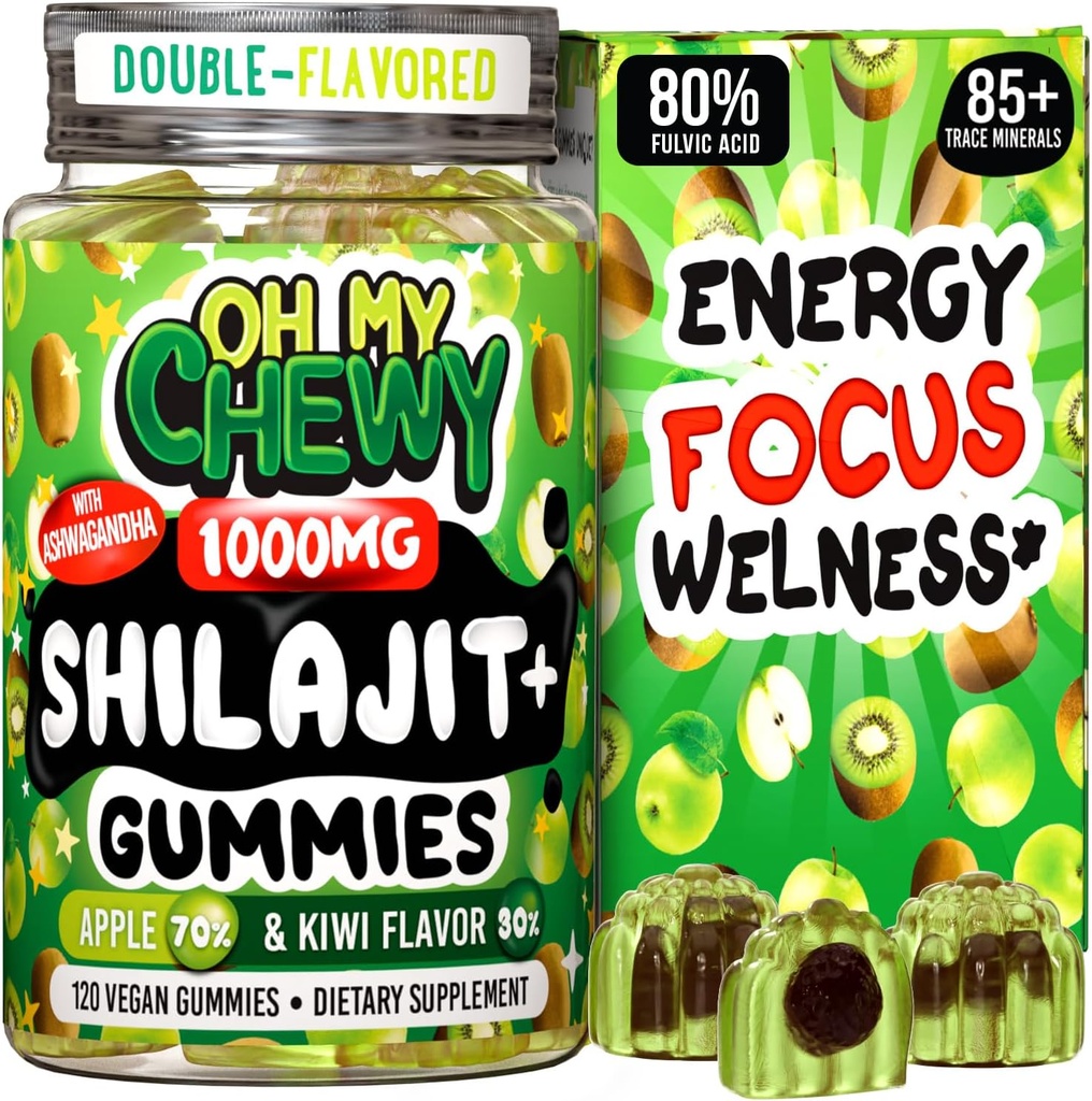 Pure Himalayan Shilajit Gummies - Haute puissance Gold Grade Resin - Energy Boost et Immune Support pour les hommes et les femmes avec Ashwagandha et Shatavari - 120 Gummy - Apple & Kiwi
