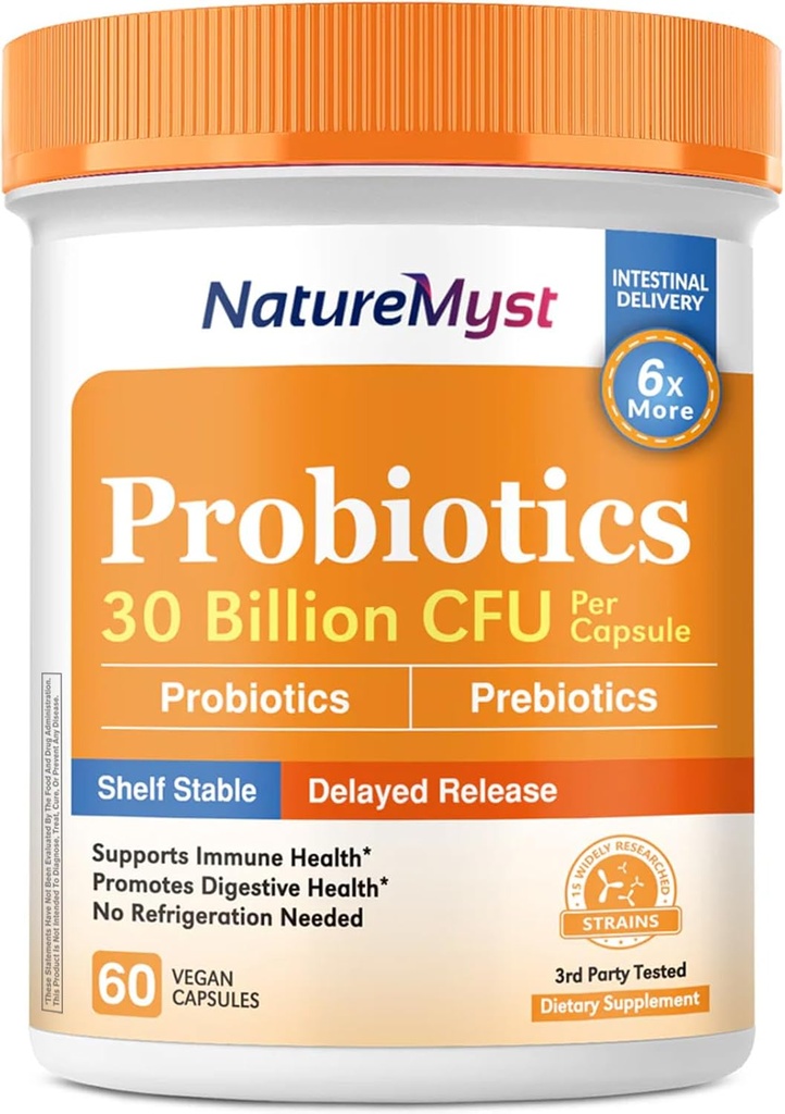 Probiotics, 30 Billion CFU, 15 Strains, with Prebiotics for Men and Women, Gut Health, Immune & Digestive Support, Shelf Stable, Delayed Release, 60 Vegan Caps