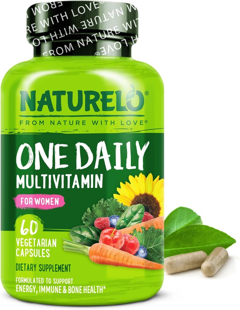 NATURELO Une multivitamine quotidienne pour les femmes avec/Vitamine B12, 60 Ct, soutien énergétique, aliments entiers Supplément de multivitamine quotidienne pour les femmes, cheveux/peau/nail, non-OGM, sans soja, sans gluten, 2 mois d'approvisionnement
