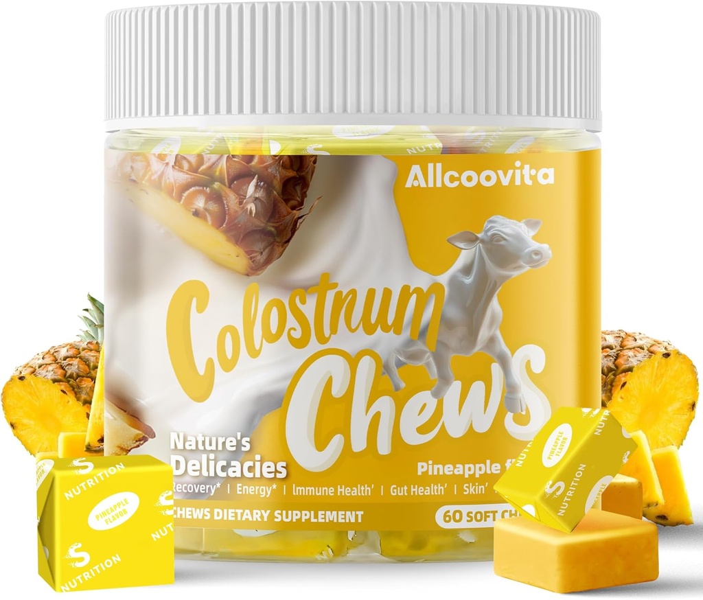 Bovine Colostrum Chews Supplement with probiotics for Gut Health, Bloating, Immune Support, Skin, Hair Growth and Beauty - Pineapple Flavor (60 Servings)