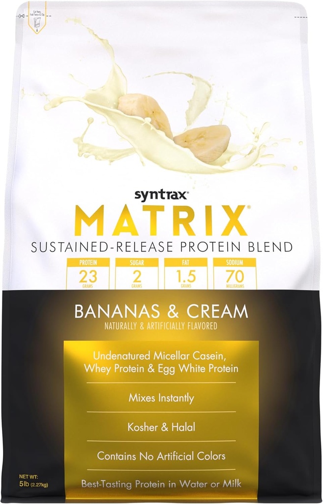 Syntrax Nutrition Matrix Poudre de protéines, Mélange à libération prolongée, Bananes et crème, 5 lbs.