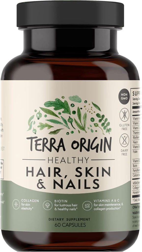ORIGINAL TERRA Supplément cheveux, peau et ongles sains, collagène, biotine, queue de cheval et complexe B Soutient la force des cheveux, l'élasticité de la peau et la croissance des ongles
