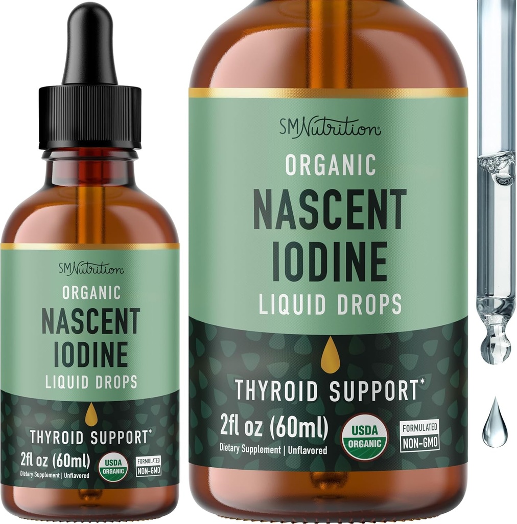 Organic Iodine Liquid for Thyroid Support | Nascent Iodine Supplements | USDA Certified Organic | Decolorized Potassium Iodide Liquid for Thyroid Support | 1100 mcg | 2 Fl Oz, Over 1-Year Supply