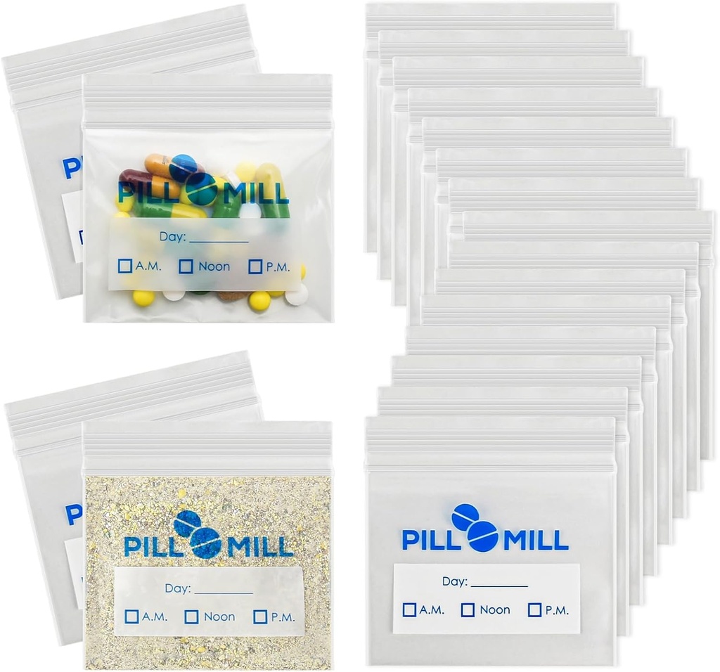 Compte des sacs à pilules - Taille 3" X 2" 3 Mil – Sacs d'organisateur de pilules en plastique – Petits sacs à pilules de poche – Poche à pilules de voyage – Poche de stockage de médicaments par jour PM – Conteneur à pilules de verrouillage (paquet 100)