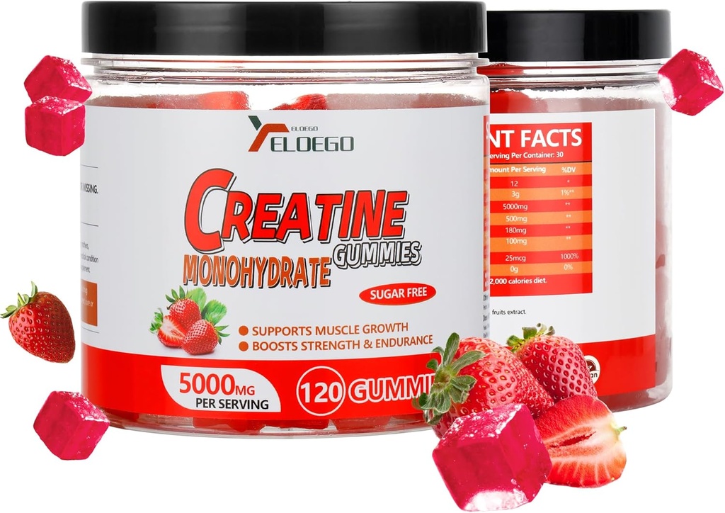 Monohydrate de créatine Gommies 5000mg sans sucre pour les hommes et les femmes, avec L-Taurine + Vitamine B12 pour la force musculaire, constructeur musculaire, boost énergétique, supplément pré-entraînement, fraise, 120 comte