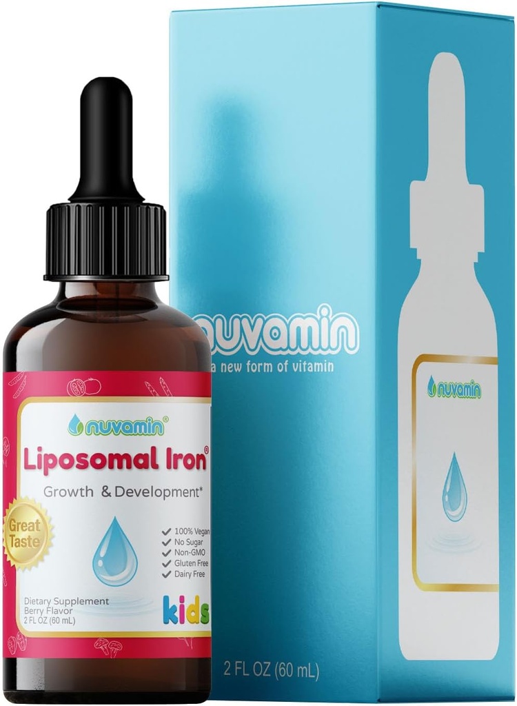 Nuvamin – gouttes de fer liposomique liquide pour bébés, tout-petits, enfants et adolescents, 2Fl.Oz (60ml), 120 portions quotidiennes. Grand goût - Tout naturel - Vegan - Aucun arrière-goût métallique, saveur de baie