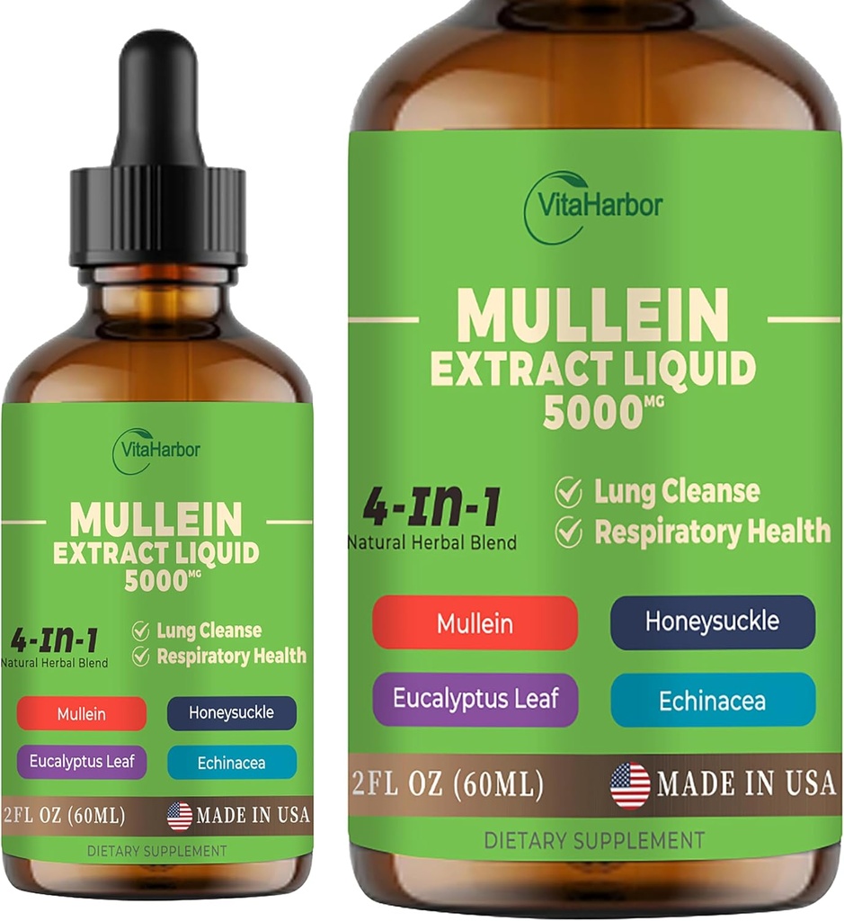 4-en-1 gouttes de molléine pour les poumons, feuille de molléine biologique et le lait de poule et d'eucalyptus Extraits de feuille et d'échinacée, pour le nettoyage pulmonaire, l'immuno-respiratoire, sans sucre