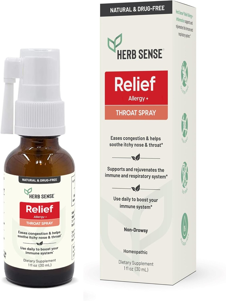 Soulagement par allergène sensible aux herbes, pulvérisation de gorge, refroidissement et apaisant, soutien quotidien, sans médicament, naturel, soutien immunitaire, 1 oz, sans gluten, sans OGM