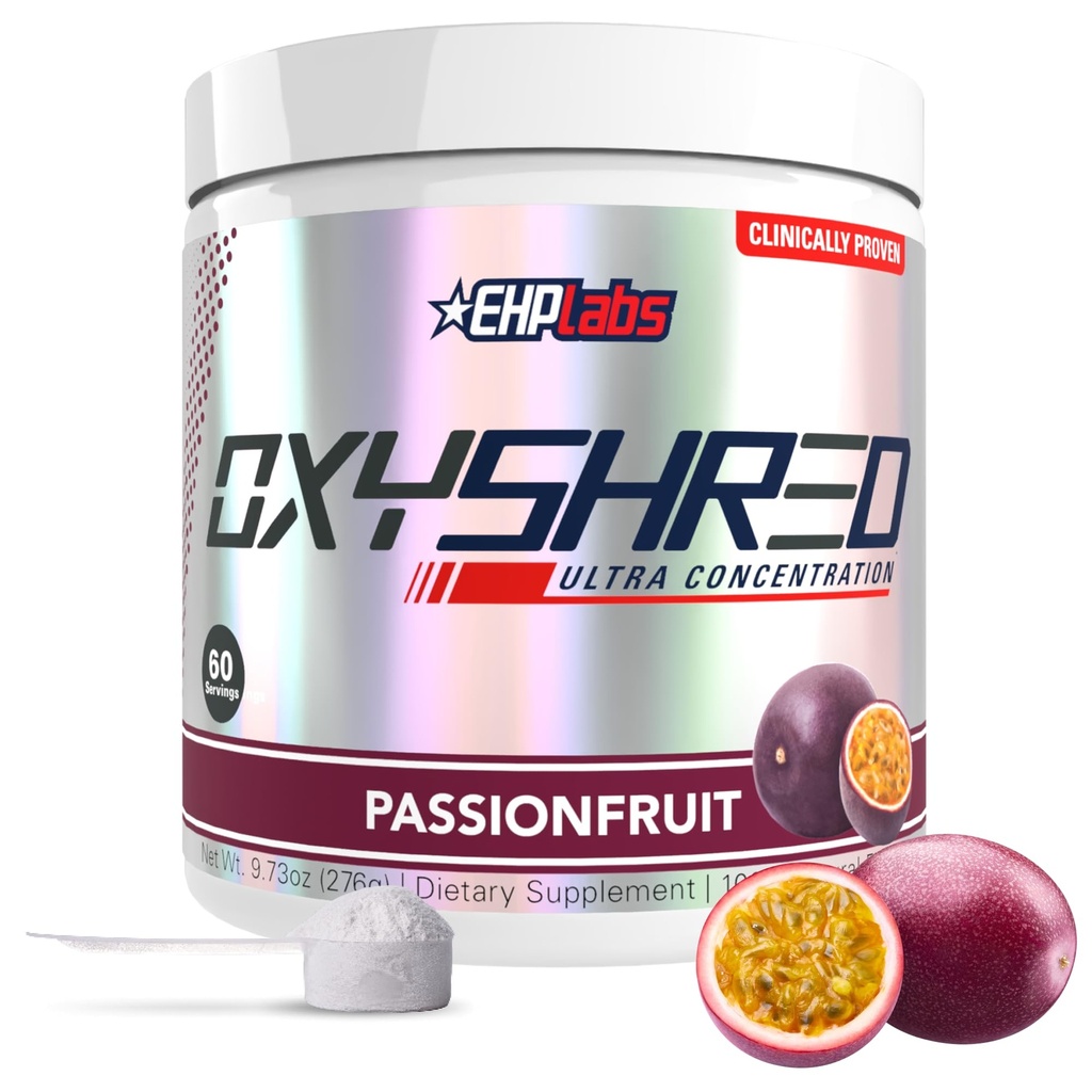 EHP Labs OxyShred Pre Workout Powder & Shredding Supplement - Preworkout Powder with L Glutamine & acétyl L Carnitine, Energy Boost Drink - Passionfruit, 60 portions