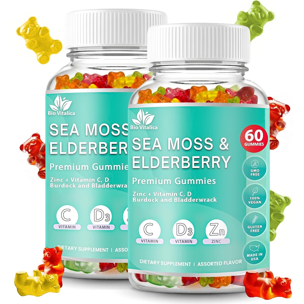 BIO VITALICA Gummy de la Mousse de Mer BioVitalica - Vitamine C D + zinc - Gummy végétalien de la Mousse de Mer avec gel et poudre de la Mousse de Mer pour l'immunité, detox - pour les adultes et les enfants (2paquets)