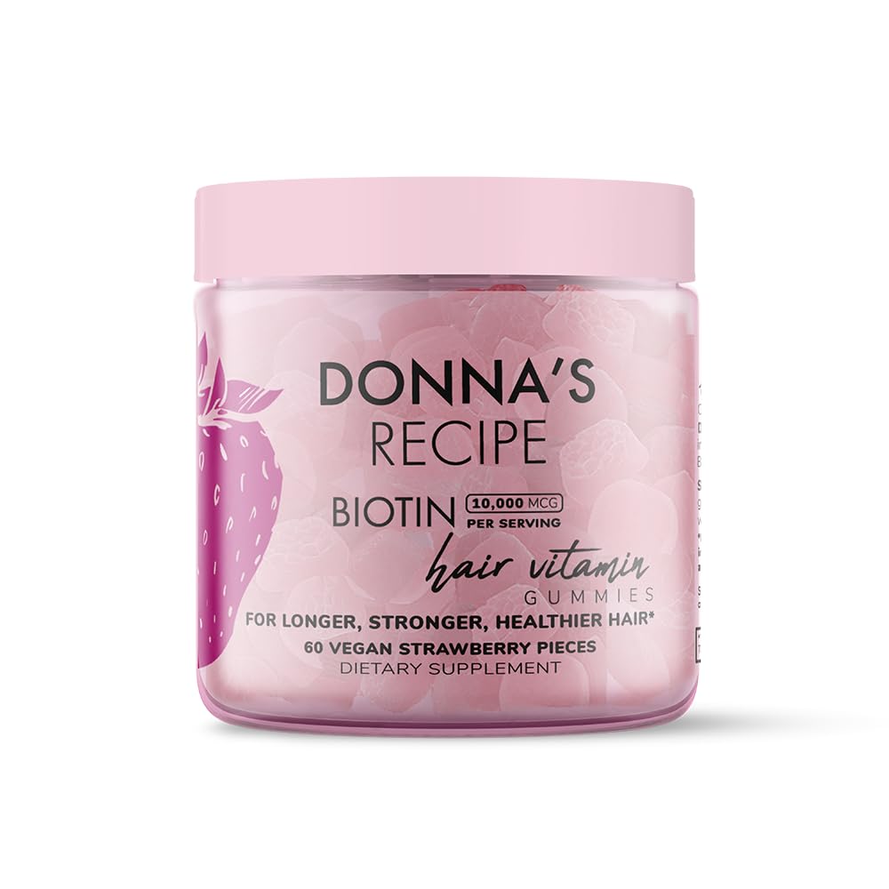 Donna's Recette de Tabitha Brown de la Biotine de Fraise Vegan Cheveux, peau et ongles Gommies – 10 000 mcg Biotine, propre, non-OGM, sans gluten, 60 Gommies
