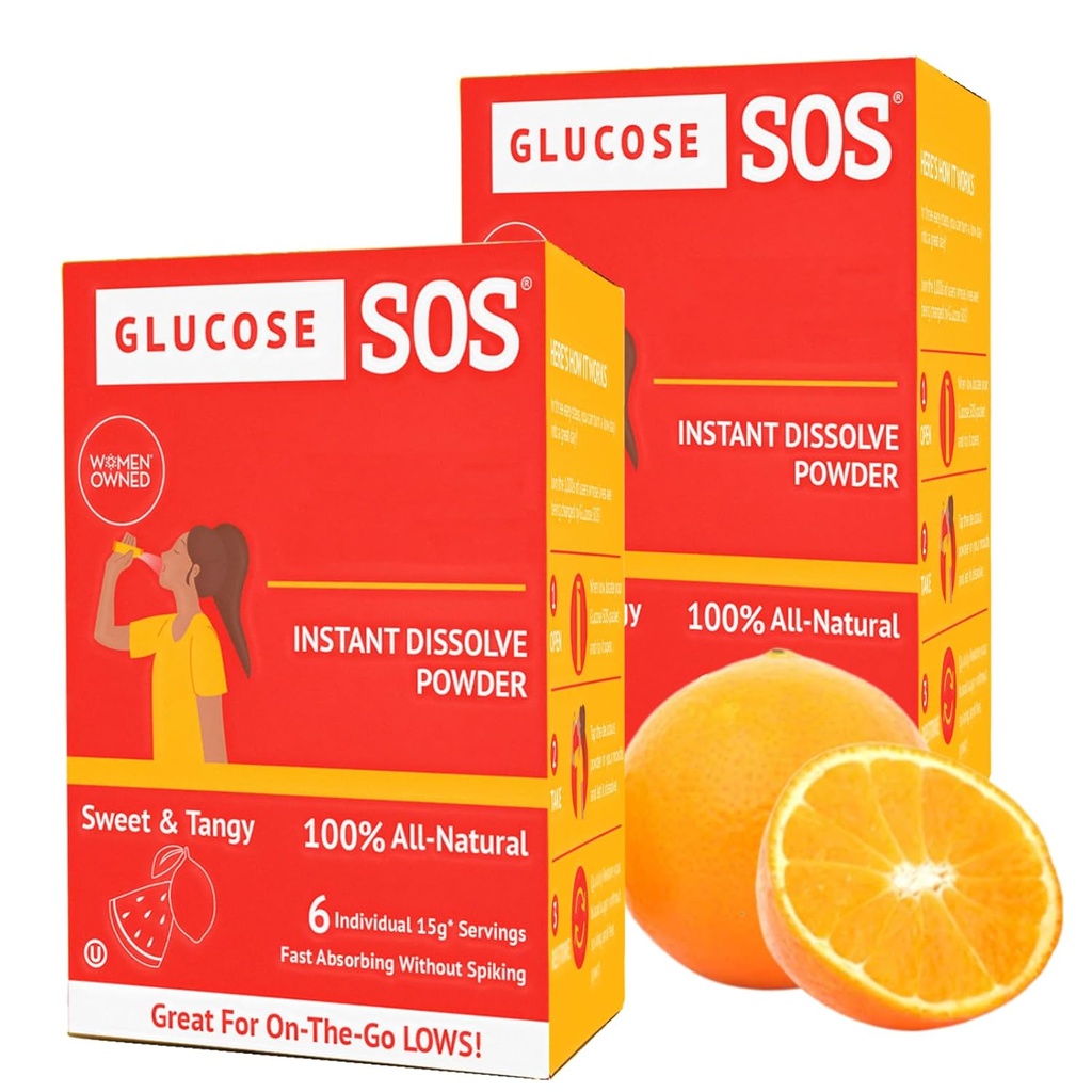Glucose SOS Glucose en poudre avec Dextrose naturel, absorption rapide Ce qui se dissout instantanément dans votre bouche sans eau nécessaire, doux et Tangy 12 services