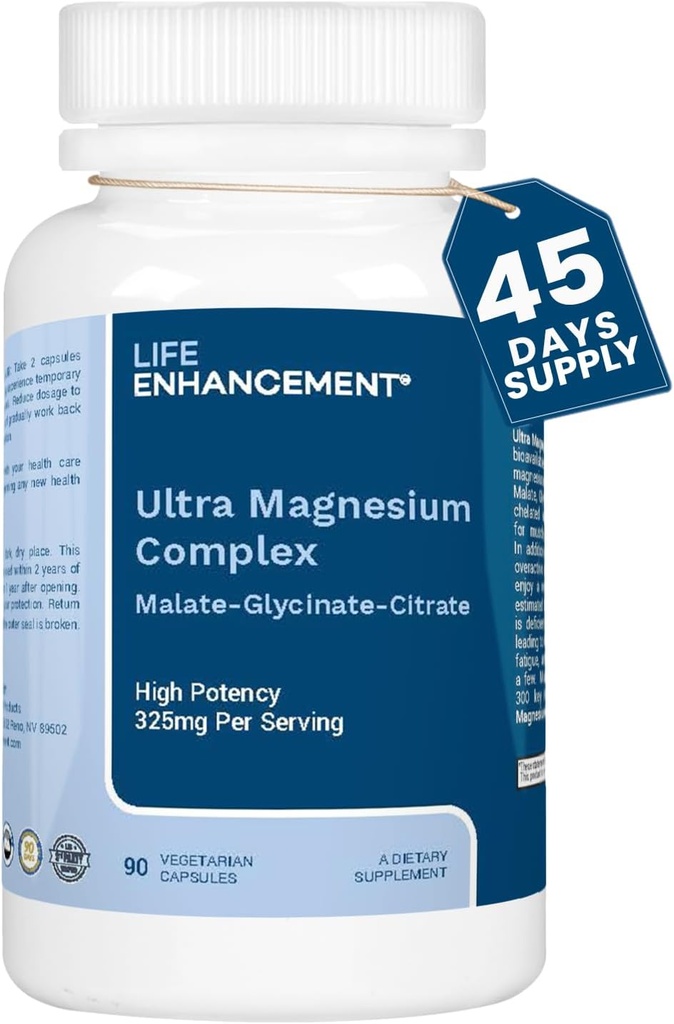 Complexe Ultra Triple Magnésium Life Enhancement pour les femmes et les hommes avec Glycinat, Malate et Citrate - Supplément Magnésium Améliorer le sommeil et la fonction cérébrale - Fabriqué aux États-Unis (90 Capsules végétariennes)