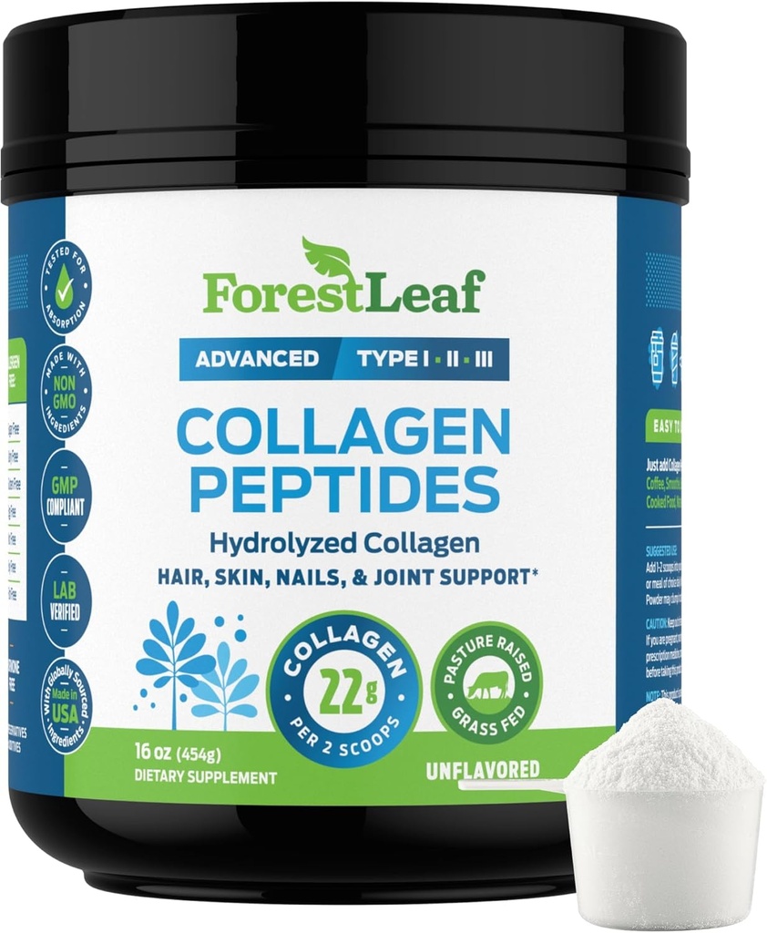 ForestLeaf Collagen Peptides Poudre non aromatisée - Poudre de protéines de collagène kéto hydrolysée de type 1, 2 et 3 - Cheveux vitaux, peau, ongles, articulations, récupération, 11g par portion
