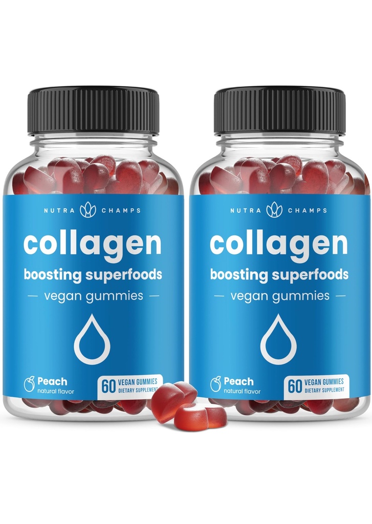 NutraChamps Collagen Boosting Gummies, Collagen Booster Gummy pour la production naturelle de collagène, Vegan Pectin Suppléments Chews pour les femmes et les hommes, 60 Peach Gummies (Pack of 2)