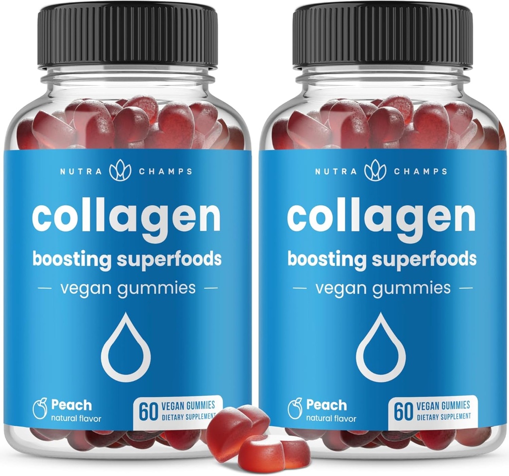 NutraChamps Collagen Boosting Gummies, Collagen Booster Gummy pour la production naturelle de collagène, Vegan Pectin Suppléments Chews pour les femmes et les hommes, 60 Peach Gummies (Pack of 2)