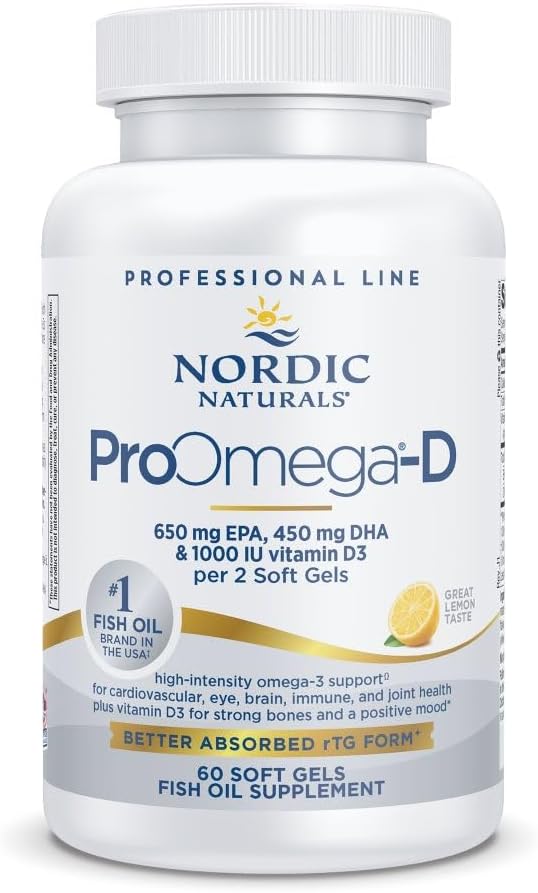 Nordic Naturals ProOmega-D, Lemon Flavor - 60 gels mous - 1280 mg Oméga-3 + 1000 UI D3 - Huile de poisson à haute puissance - EPA et DHA - Santé du cerveau, des yeux, du coeur et des immuns - Non-OGM - 30 portions