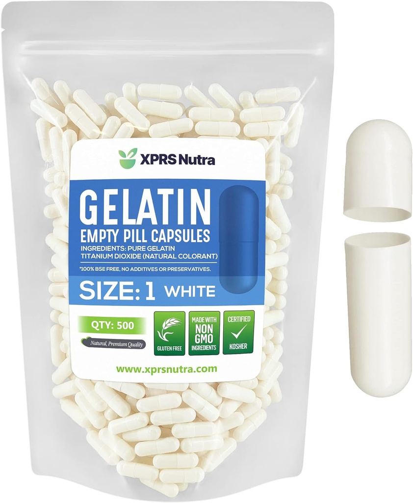 XPRS Nutra Taille 1 Capsules vides - 500 Compte Capsules de gélatine vides - Remplissage de la gélule de bricolage - Gel de pilule de boeuf pur pour les suppléments Do-It-Youlf (Blanc)