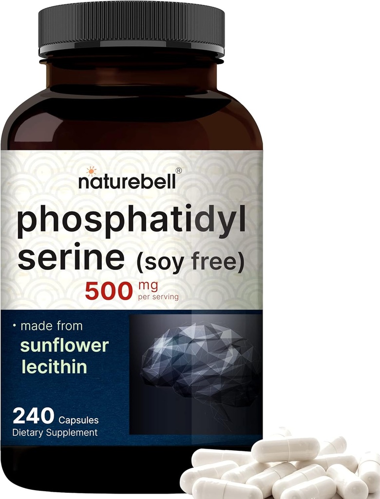 Supplément à la phosphatidylsérine ultra-résistante 500mg par portion, 240 capsules, sans soja, dérivé de la lécithine de tournesol – soutient la santé cognitive et la fonction cérébrale – non-OGM
