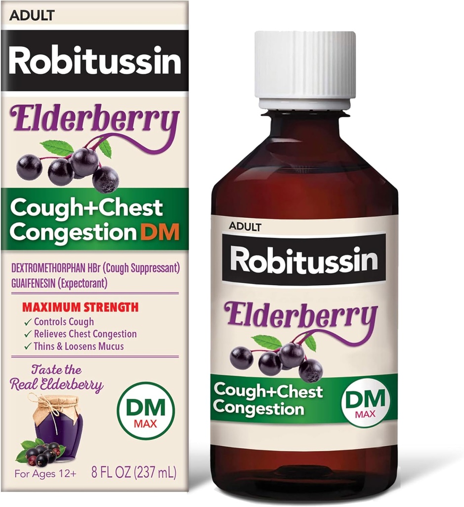 Robitussine Strength Maximum Strength Elderberry Cough Plus Chest Congestion DM, Toux Suppressante pour les adultes, offrant un soulagement de la toux liquide et de la congestion thoracique - 8 Fl Oz