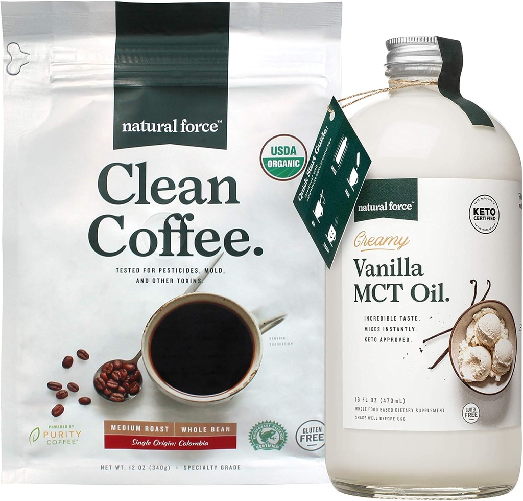 Natural Force Organic Clean Coffee + Creamy Vanilla MCT Oil Bundle – Crème MCT aromatisée et sans moisissure et mycotoxine café – Non-OGM, Keto, Paleo et Vegan - 12 Oz Sac et 16 Oz bouteille en verre