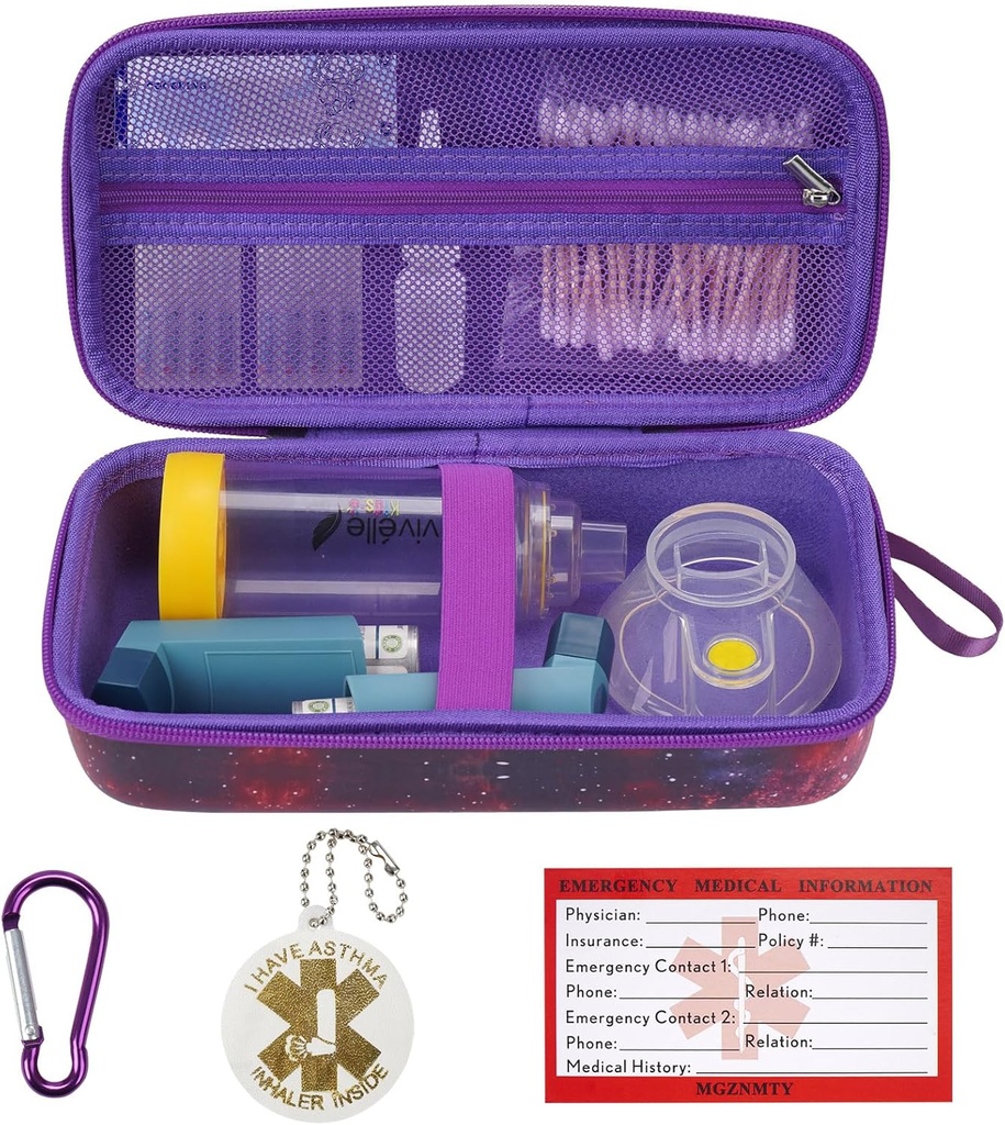 MGZNMTY Case de transport compatible avec l'espaceur d'inhalateur d'asthme pour adultes et enfants, masques, porte-inhalateur avec étiquette d'alerte d'asthme et carte médicale, carabiner (uniquement cas) (Galaxy)