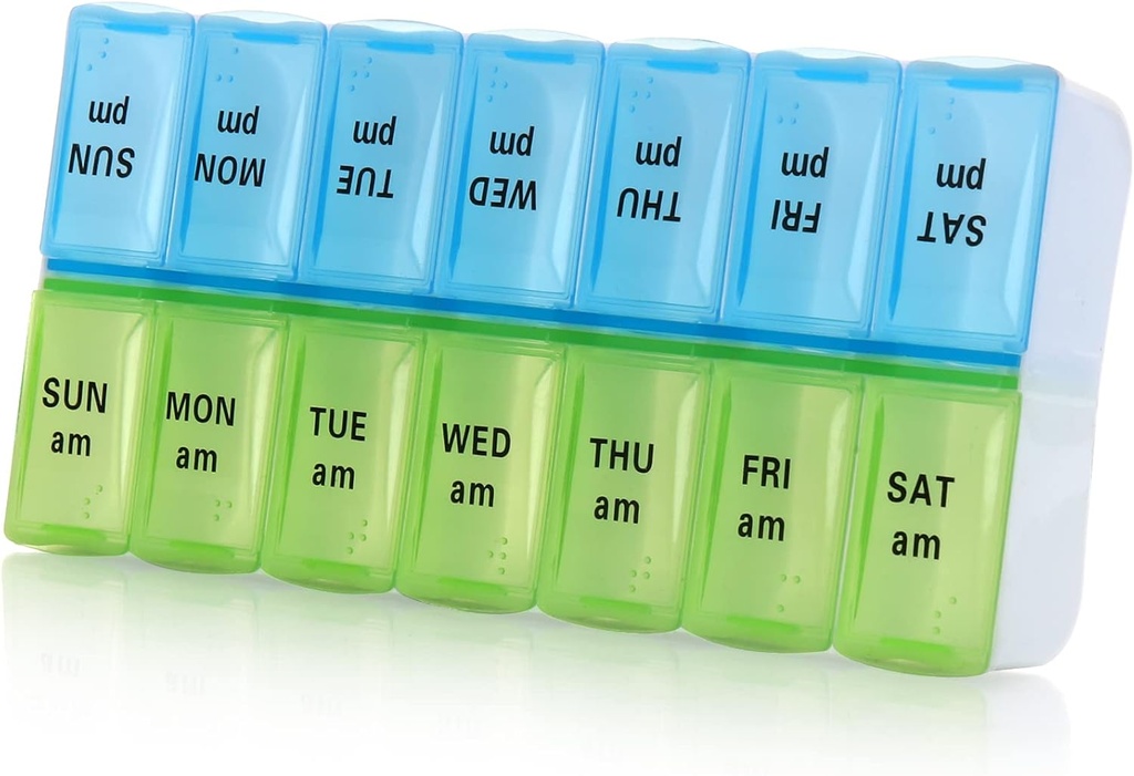 7 Day Weekly Pill Organizer,Large Daily Pill Organizer 2 fois par jour,AM PM Pill Case, Day Night Pill Container 7 Jour 14 Compartiments pour pilules Vitamine Medicination (Blue+Green)