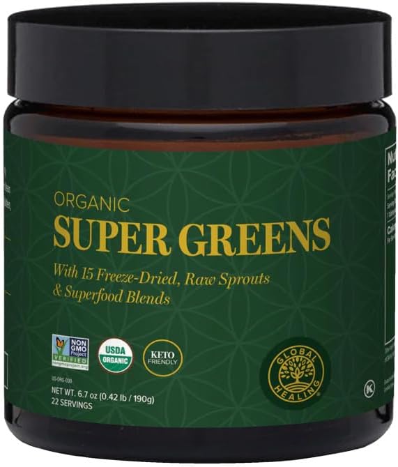 Global Healing Organic Super Greens Powder Blend - Greens Superfood Powder avec 15 germes entiers crus - Delicious Green Juice Smoothie Mix pour la nutrition quotidienne - Suppléments sans OGM, sans gluten