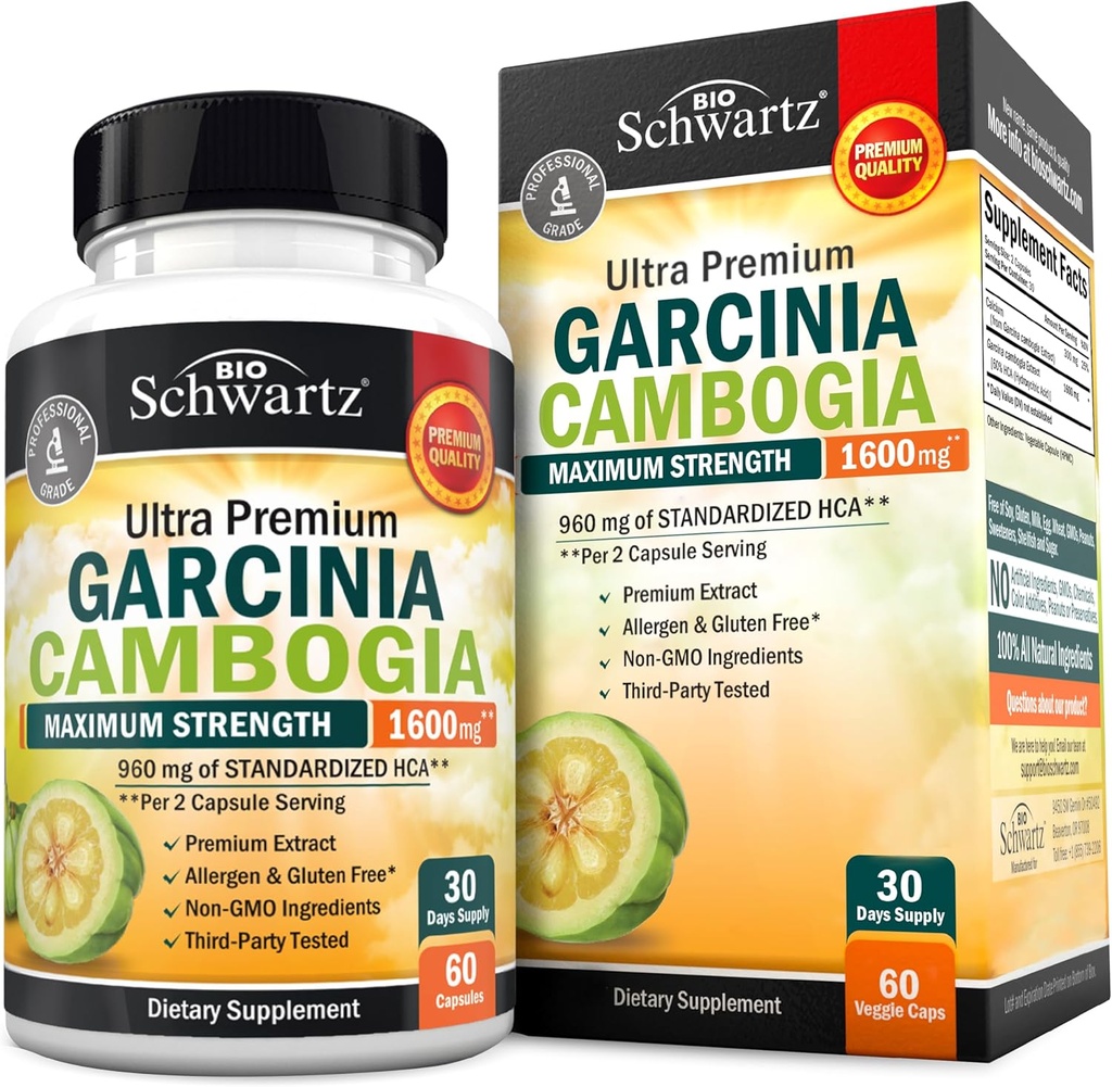Garcinia Cambogia pilules de perte de poids - Fort maximum Suppresseur d'appétit et brûleur de graisse pour les hommes et les femmes - 1600mg Extrait naturel et 960mg HCA - Métabolisme Booster et Capsules de blocage de glucides - 60Ct