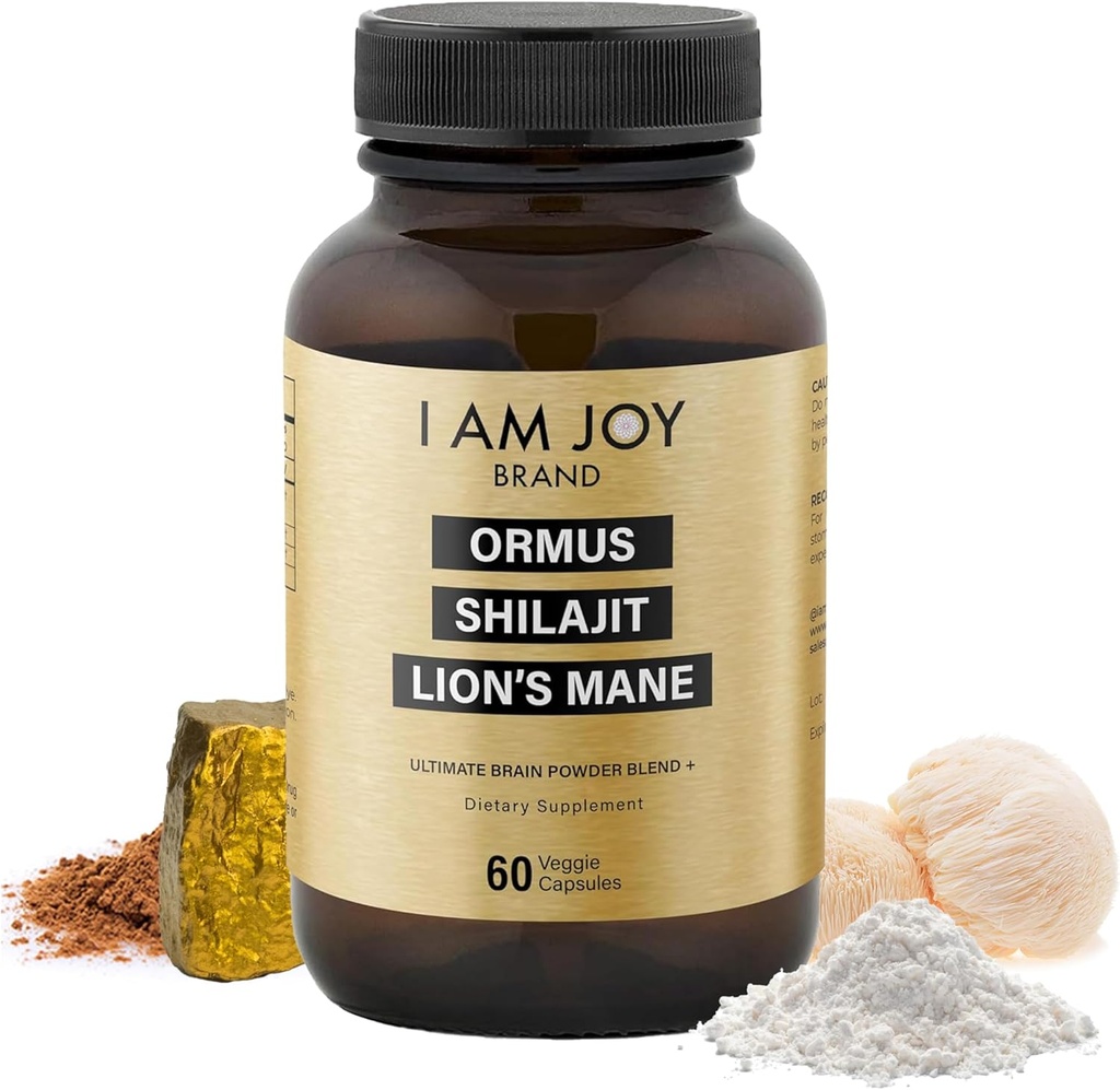 I Am Joy co. Ormus Shilajit Lion's Mane - Ultimate Brain Power! Monoatomic 24k Gold - Le seul mélange de son genre pour l'énergie, la mémoire, et le focus - 60 Capsules Vegan