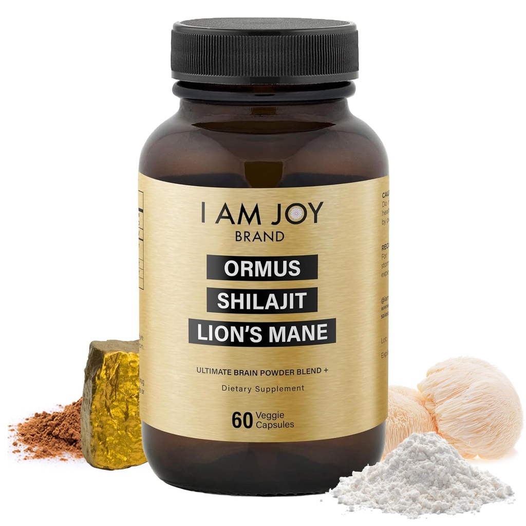 I Am Joy co. Ormus Shilajit Lion's Mane - Ultimate Brain Power! Monoatomic 24k Gold - Le seul mélange de son genre pour l'énergie, la mémoire, et le focus - 60 Capsules Vegan