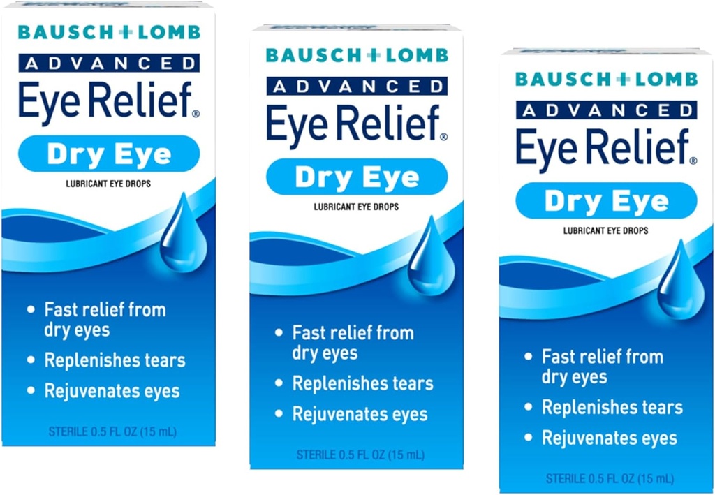 Bausch + Lomb Advanced Eye Relief, gouttes oculaires lubrifiantes pour les yeux secs, hydratant et apaisant, réapprovisionne les larmes pour le soulagement rapide, 0,5 Fl Oz