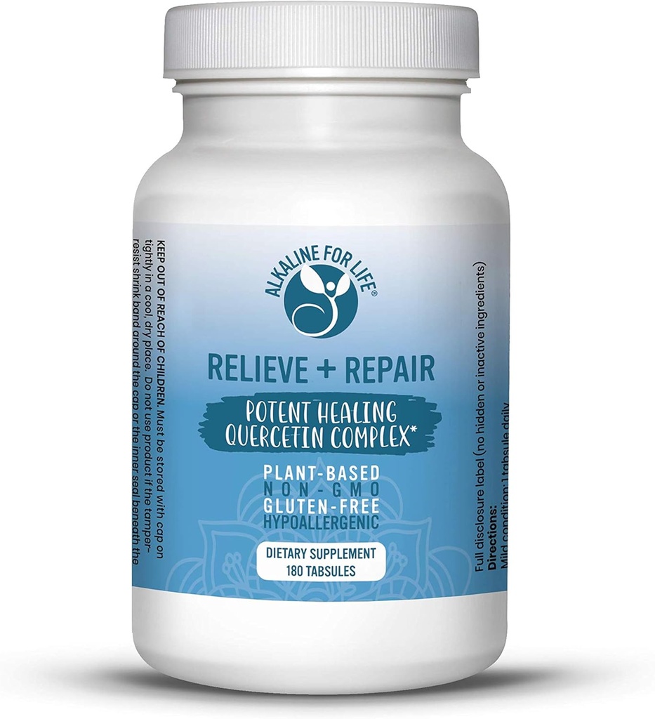 Relieve + Repair Quercetin 1000mg, Poudre de jus de grenade, Supplément aux antioxydants OPC - Pure Quercetin Dihydrate -Forme préférée pour la biodisponibilité (180 Tables faciles à avaler)