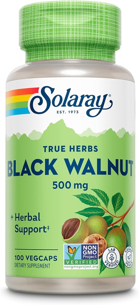 SOLARAY Noix noire 500 mg - Houille entière - Formule de soutien à base de plantes traditionnelles - Non-OGM Vérifié, végétalien, laboratoire Vérifié - Garantie de 60 jours - 100 portions, 100 capsules