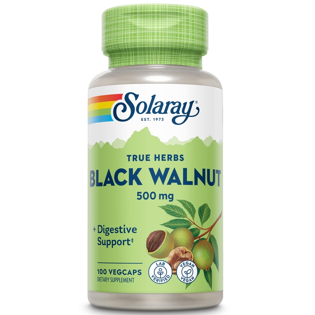 SOLARAY Noix noire 500 mg - Houille entière - Formule de soutien à base de plantes traditionnelles - Non-OGM Vérifié, végétalien, laboratoire Vérifié - Garantie de 60 jours - 100 portions, 100 capsules