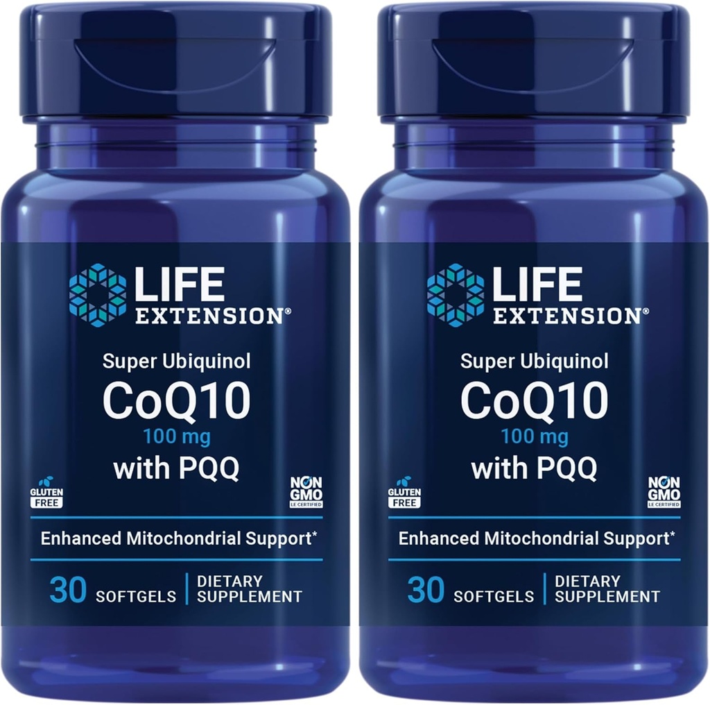 Life Extension Super Ubiquinol CoQ10 with PQQ, CoQ10, PQQ, shilajit, Heart Health, Cellular Energy Support, 8X Better Absorption, Gluten-Free, 100 mg, 30 softgels (Pack of 2)