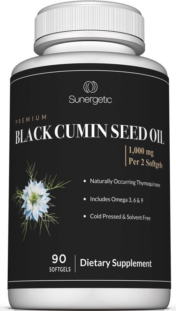 Huile de graines de cumin noir premium sunergetic – 1 000mg d'huile de graines noires par portion – Nigella sativa pressée à froid non OGM – comprend la thymoquinone et l'oméga - 90 Softgels