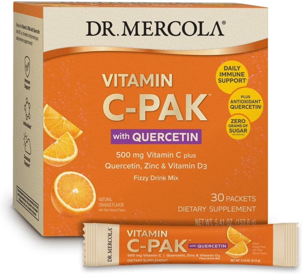 Dr Mercola Vitamine C-PAK avec Quercetin - boisson quotidienne de soutien immunitaire - Mélange de zinc et de vitamine D3 - Sans gluten - Arôme orange effervescent - 30 paquets