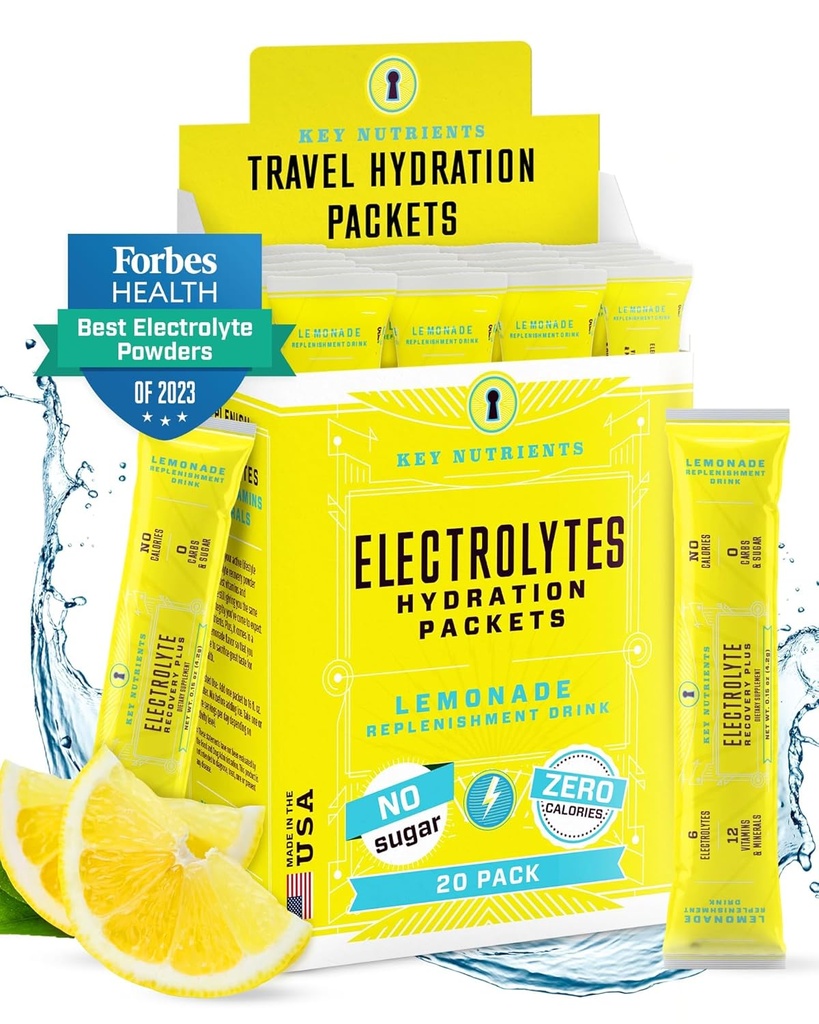 Paquets de poudre d'électrolytes - Lémonade rafraîchissante 20 packs d'hydratation - Poudre d'hydratation de voyage - Pas de sucre, pas de calories, sans gluten - Fabriqué aux États-Unis