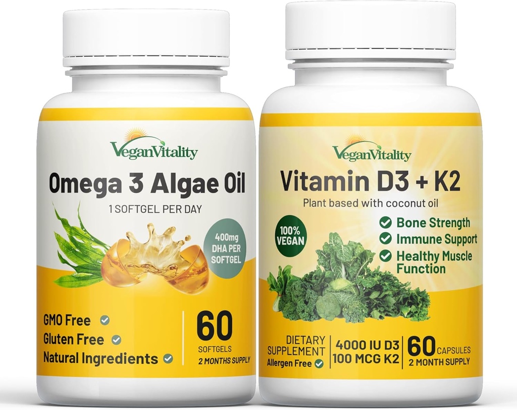 Vegan Vitality Health Booster Bundle - Vegan D3+K2 et Vegan Omega 3 Huile d'algues. Formule à base de plantes haute résistance pour l'immunité, l'énergie Santé globale pour les végétaliens et les végétariens