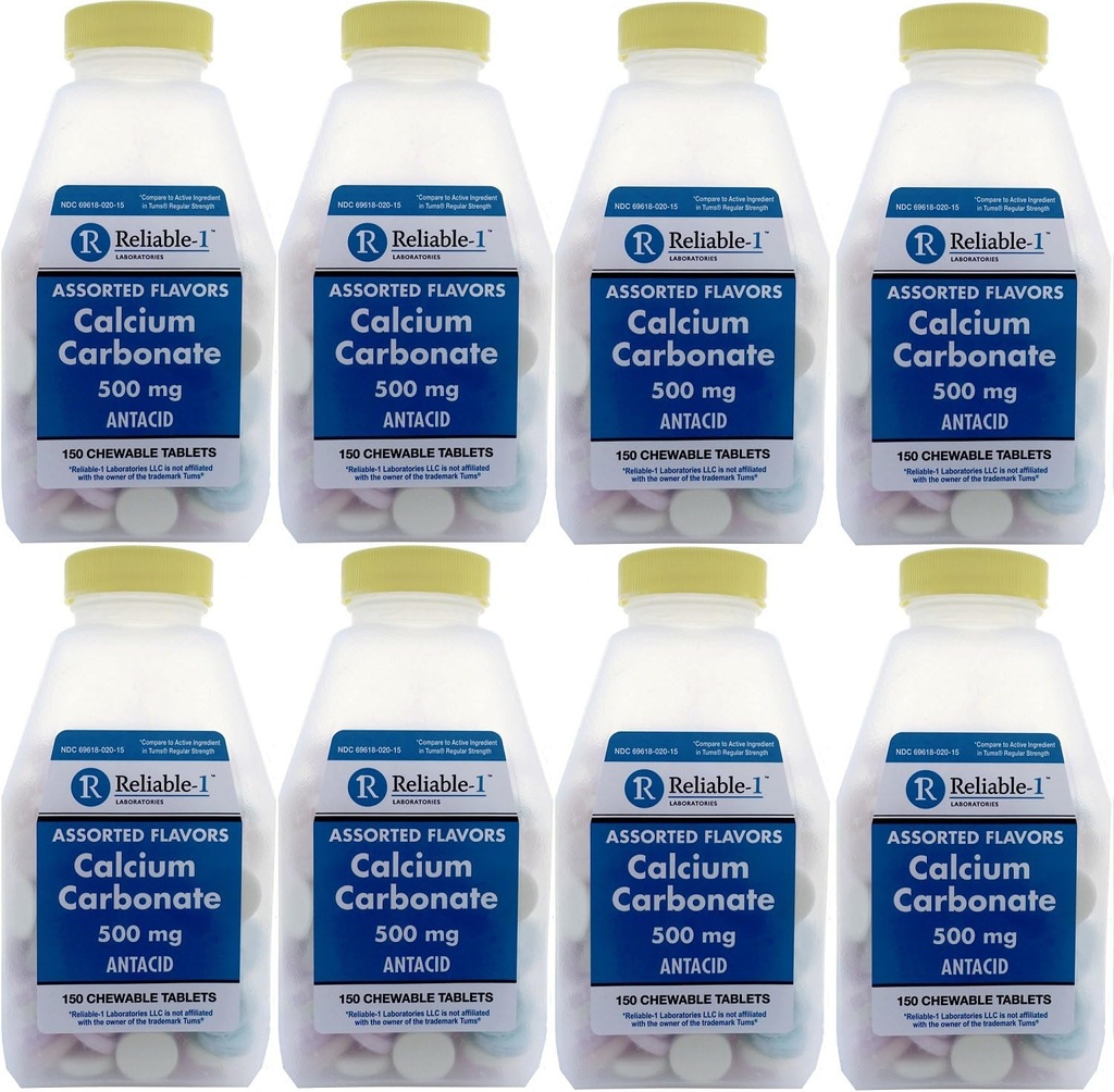 Calcium 500 mg Générique pour Tums Assortiment de fruits Comprimés à croquer Aromatisés Acide de résistance régulière pour l'indigestion acide, brûlures d'estomac, stomach acide 150 Comprimés à croquer par flacon de 8