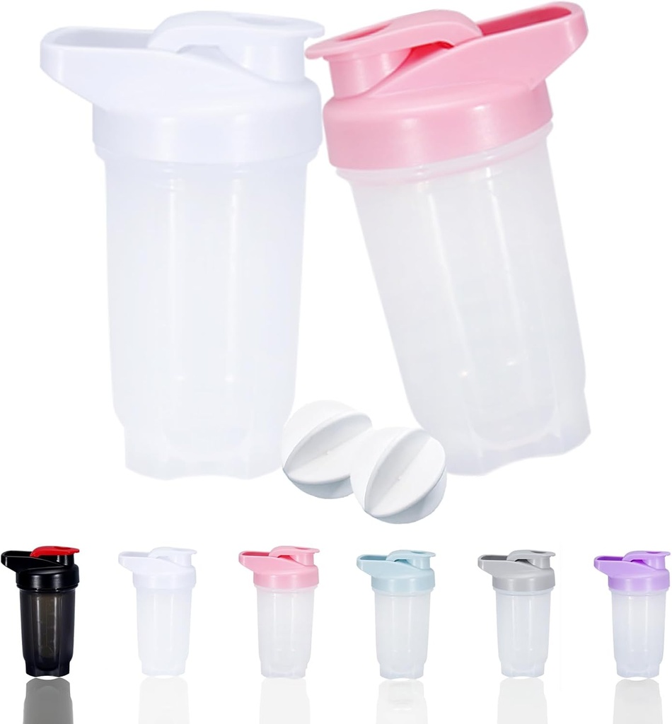Bouteille Shaker Protein Shakes Cup and 10-Ounce/300ML Bouteille Shaker avec boules de fouet, Bouteilles de Shakers Protein Set, Plastique non BPA(White+Pink(2PCS))