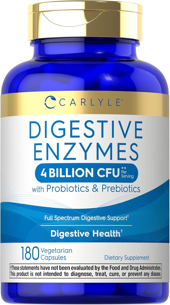 Enzymes digestives Carlyle avec probiotiques et prébiotiques 180 capsules Supplément sans OGM et sans gluten pour les hommes et les femmes